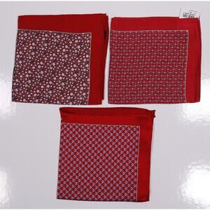 Lot of 3 Red Hand Rolled Silk Pocket Squares Floral Hoseshoes Butterflies New